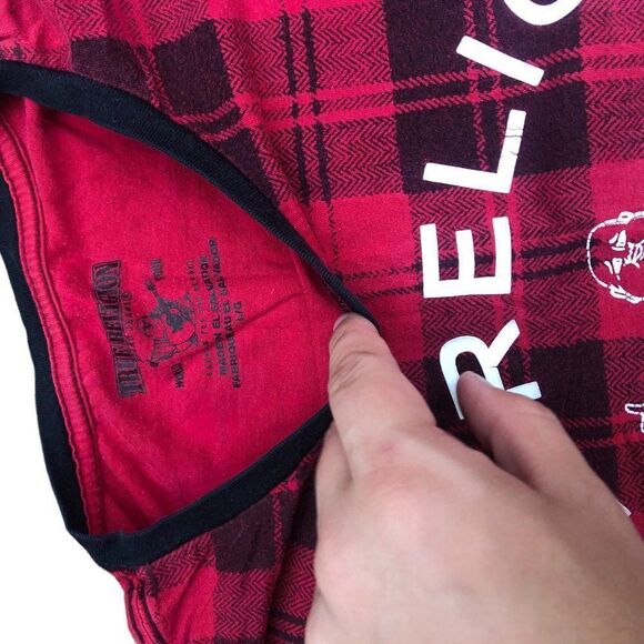 TRUE Religion T Shirt Plaid BIG LOGO RED Large - Picture 4 of 6